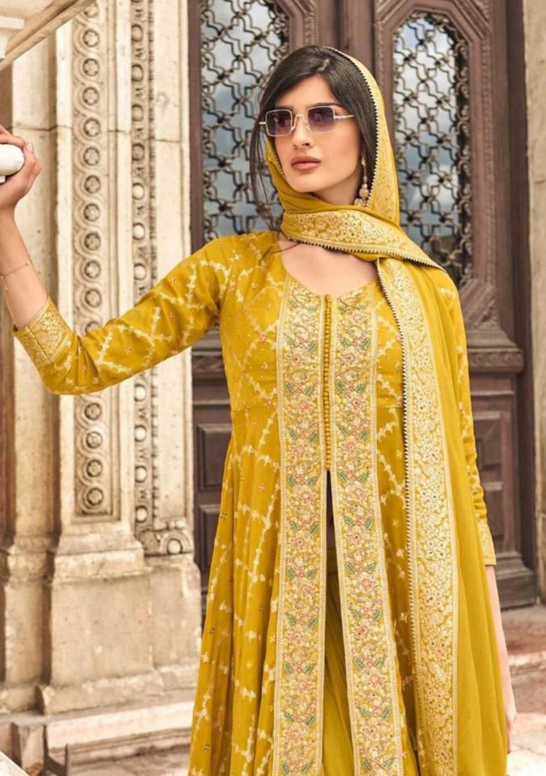 Yellow And Pink Embroidered Jacquard Anarkali Set