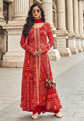 Orange Embroidered Jacquard Anarkali Set