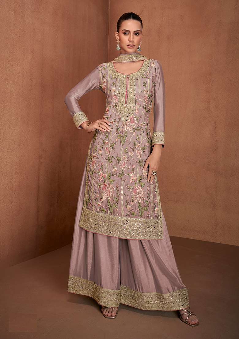 Purple Embroidered Georgette Sharara Set With Dupatta - Indya
