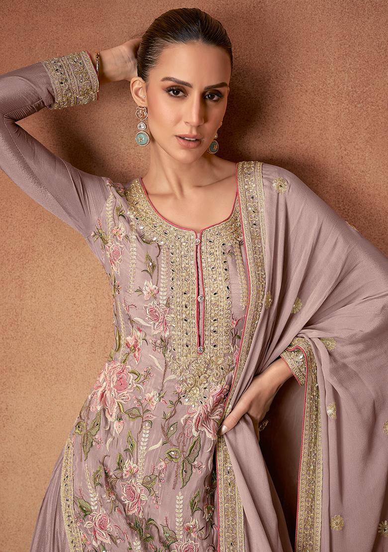 Purple Embroidered Georgette Sharara Set