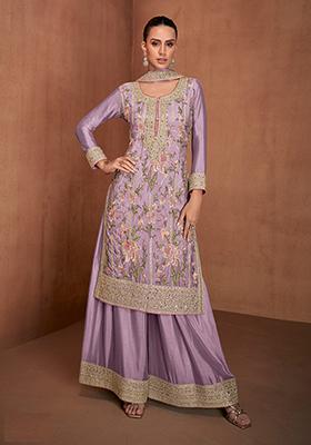 Brown Embroidered Georgette Sharara Set