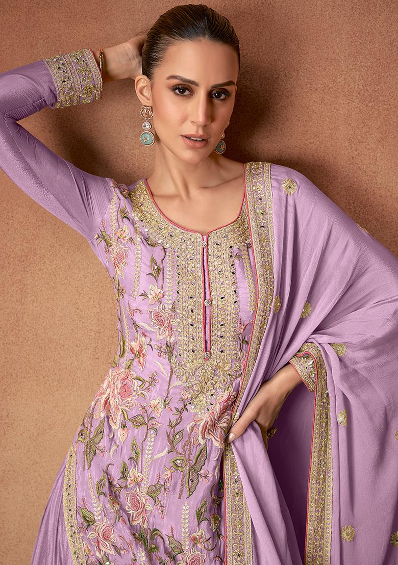 Brown Embroidered Georgette Sharara Set