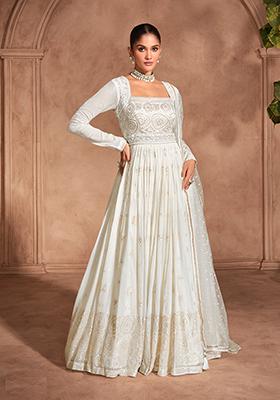 Off White Embroidered Georgette Anarkali Set