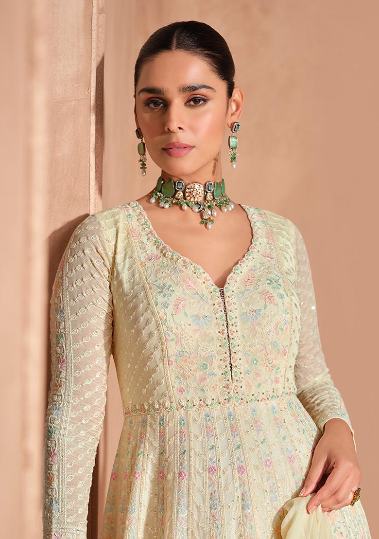 Yellow Embroidered Georgette Anarkali Set