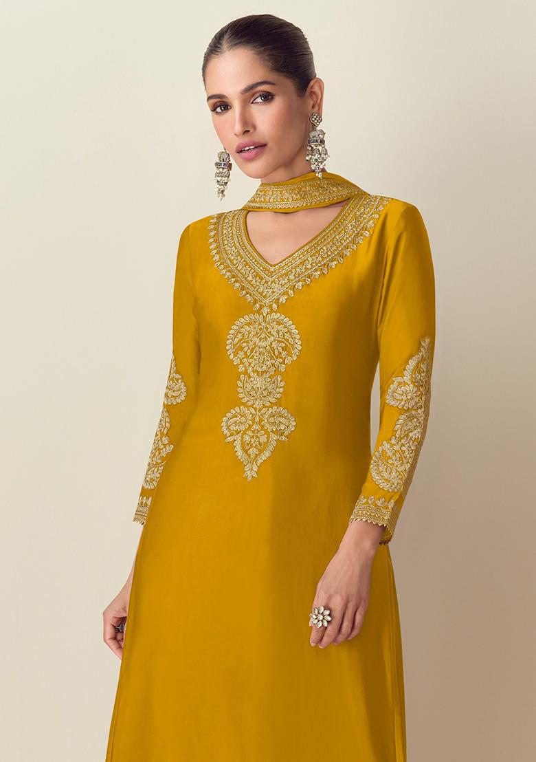 Yellow Embroidered Chinon Pakistanii Salwar Kameez