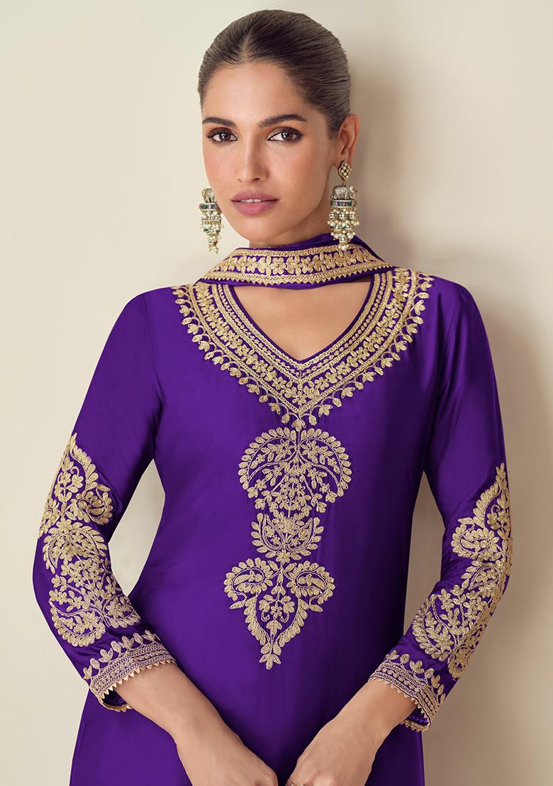 Voilet Embroidered Chinon Pakistanii Salwar Kameez