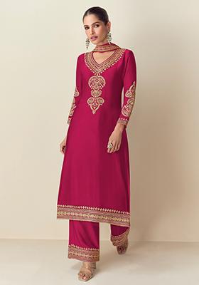 Red Embroidered Chinon Pakistanii Salwar Kameez