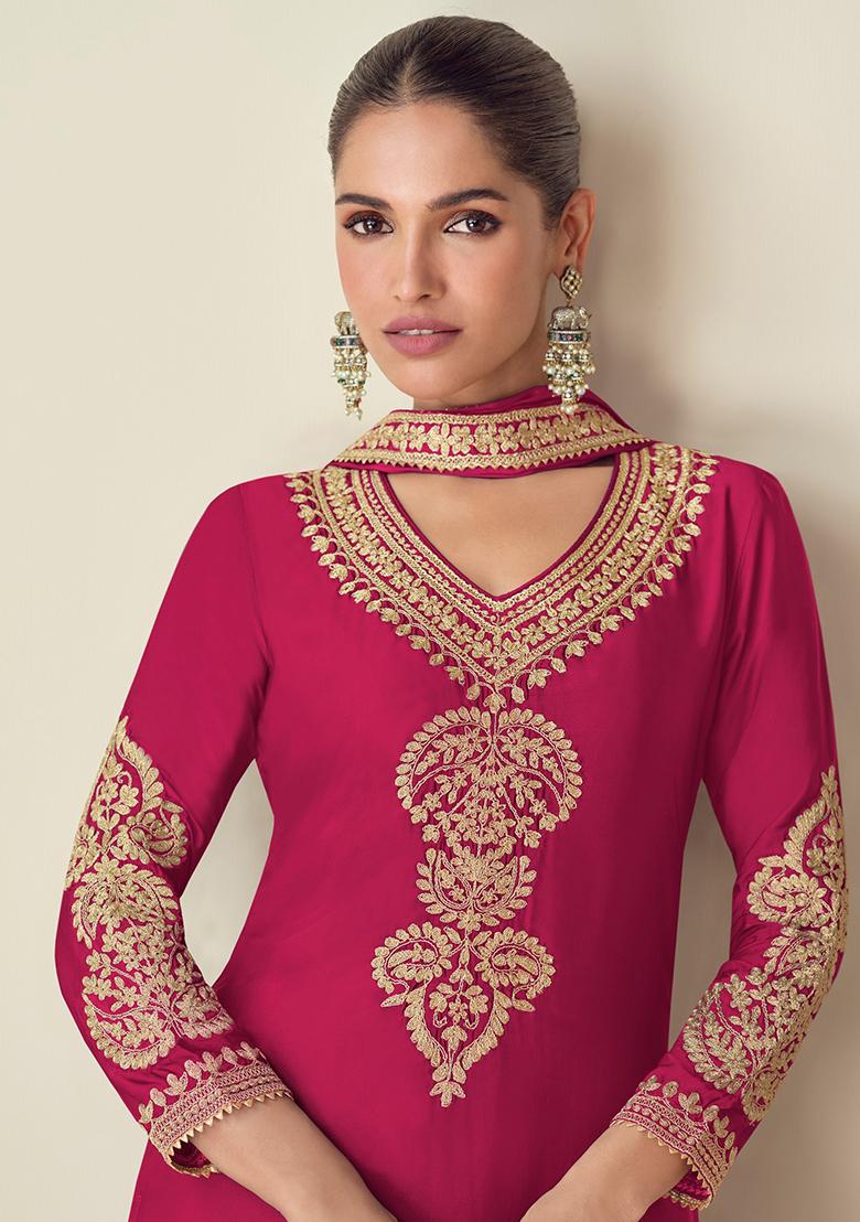 Red Embroidered Chinon Pakistanii Salwar Kameez