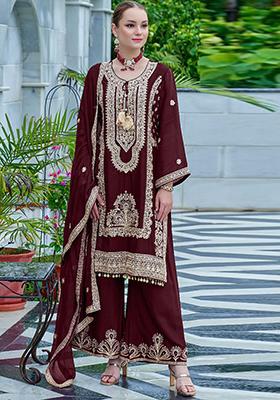 Maroon Embroidered Chinon Pakistanii Salwar Kameez