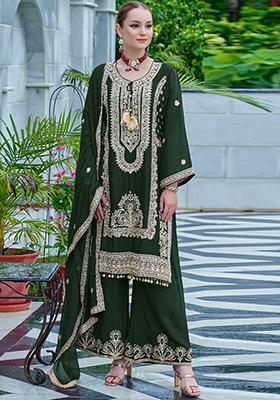 Green Embroidered Chinon Pakistanii Salwar Kameez