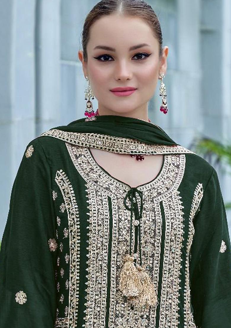 Green Embroidered Chinon Pakistanii Salwar Kameez