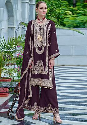 Wine Embroidered Chinon Pakistanii Salwar Kameez