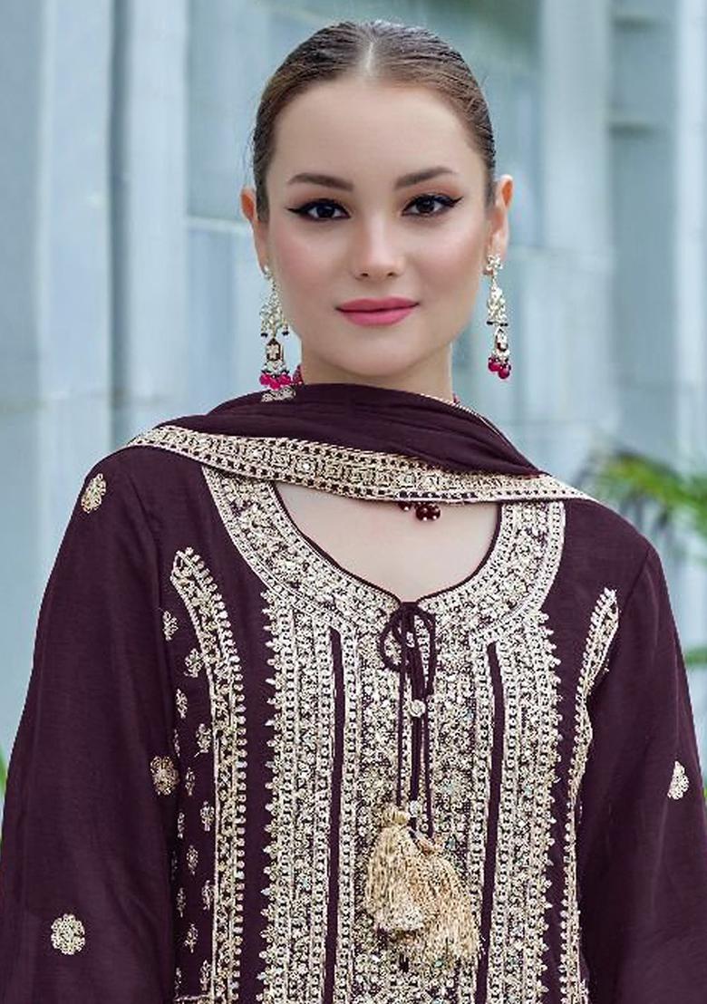 Wine Embroidered Chinon Pakistanii Salwar Kameez