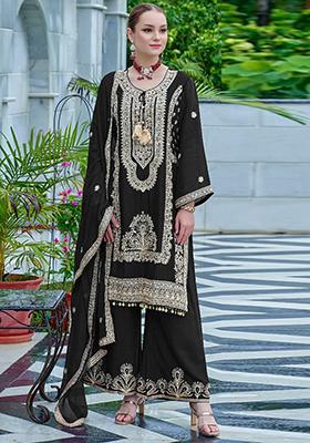 Black Embroidered Chinon Pakistanii Salwar Kameez