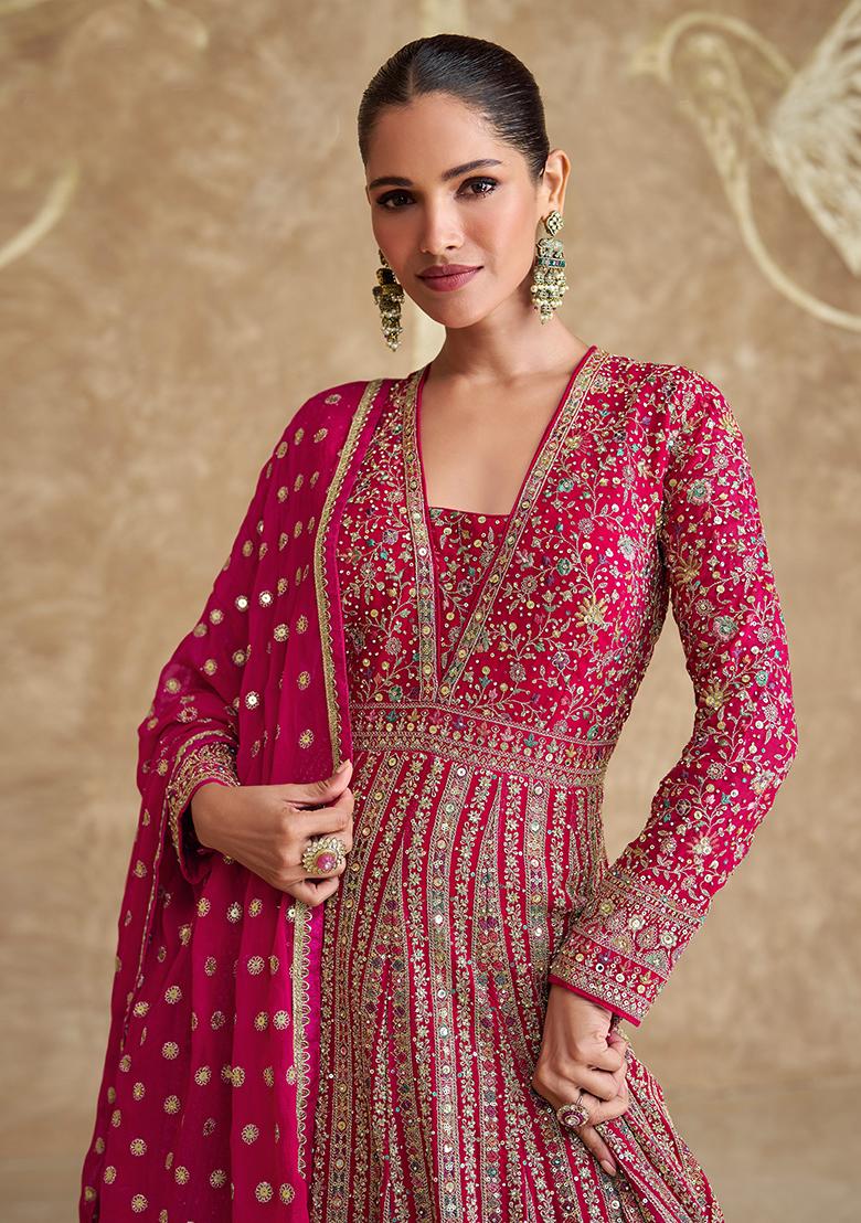 Pink Embroidered Georgette Anarkali Set