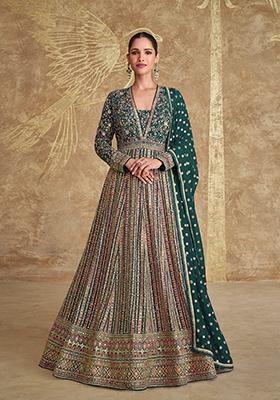 Green Embroidered Georgette Anarkali Set