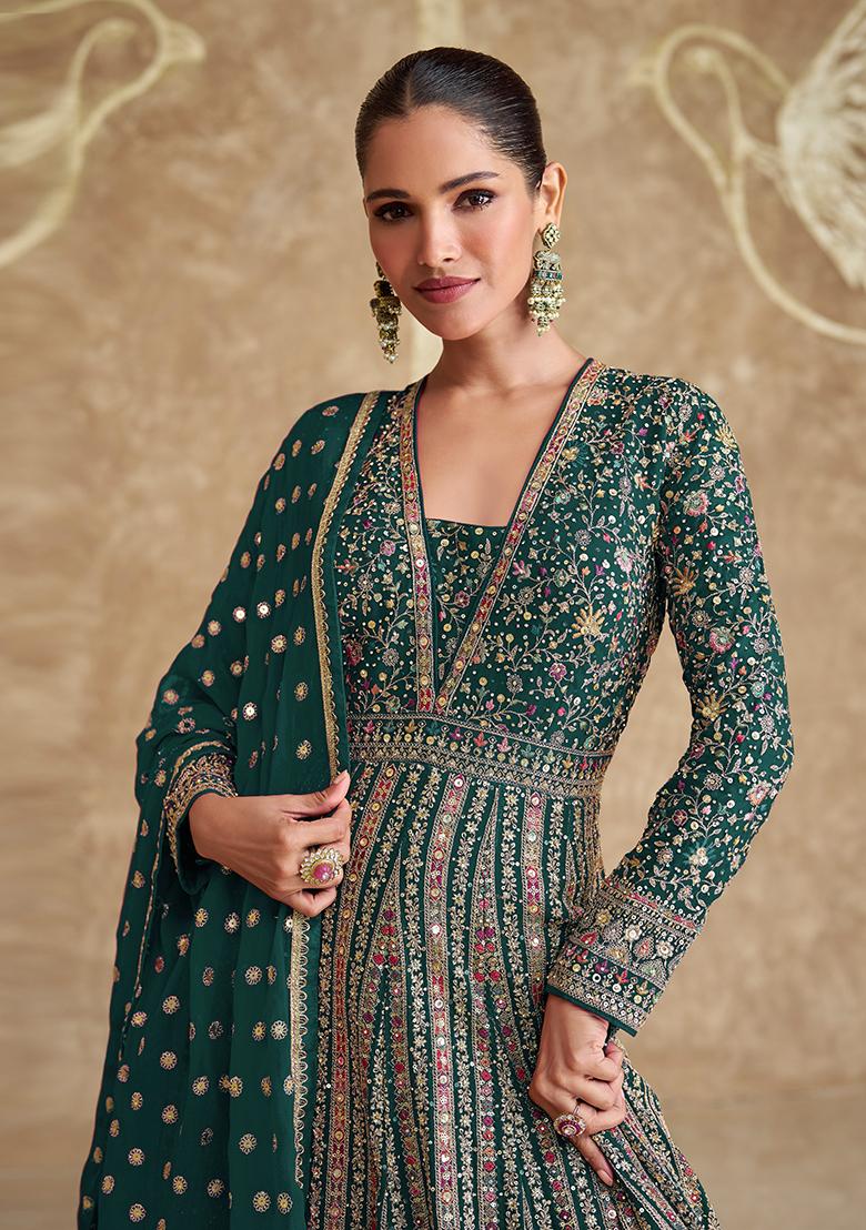 Green Embroidered Georgette Anarkali Set