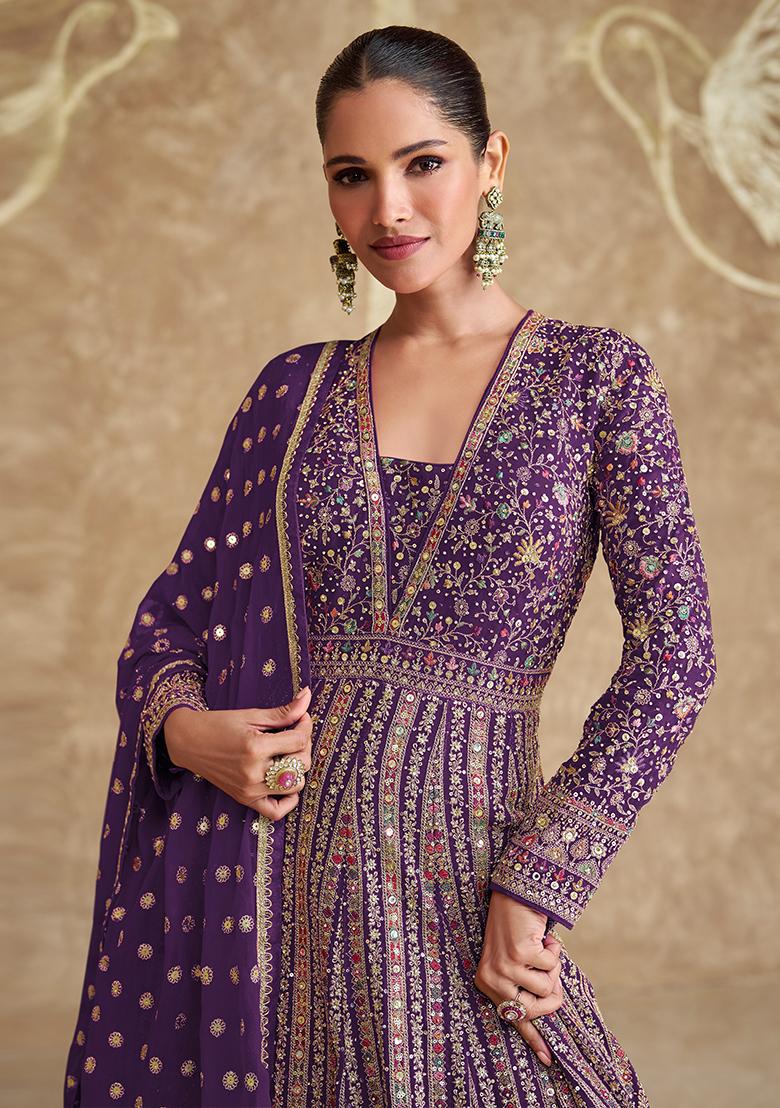 Purple Embroidered Georgette Anarkali Set