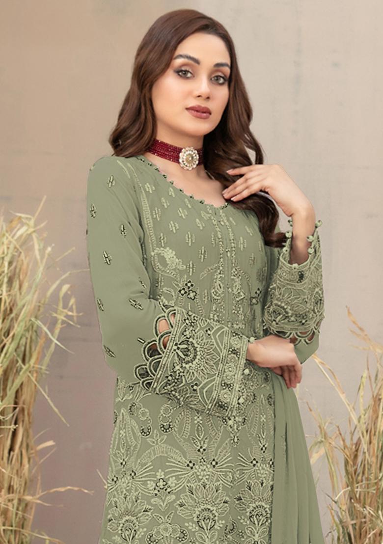 Green Embroidered Georgette Sharara Set