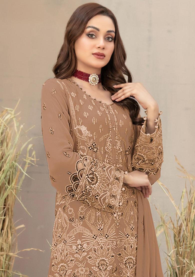 Coffee Brown Embroidered Georgette Sharara Set
