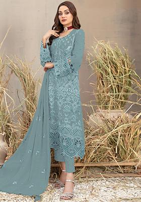 Sky Blue Embroidered Georgette Sharara Set With Dupatta