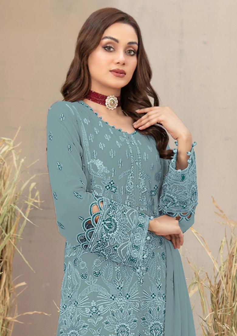 Sky Blue Embroidered Georgette Sharara Set