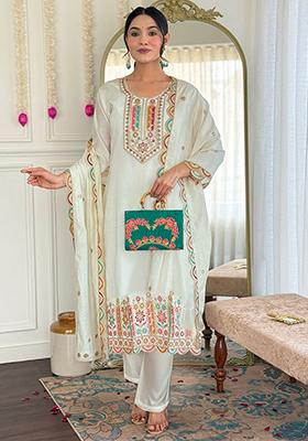 Off White Embroidered Chanderi Salwar Kameez