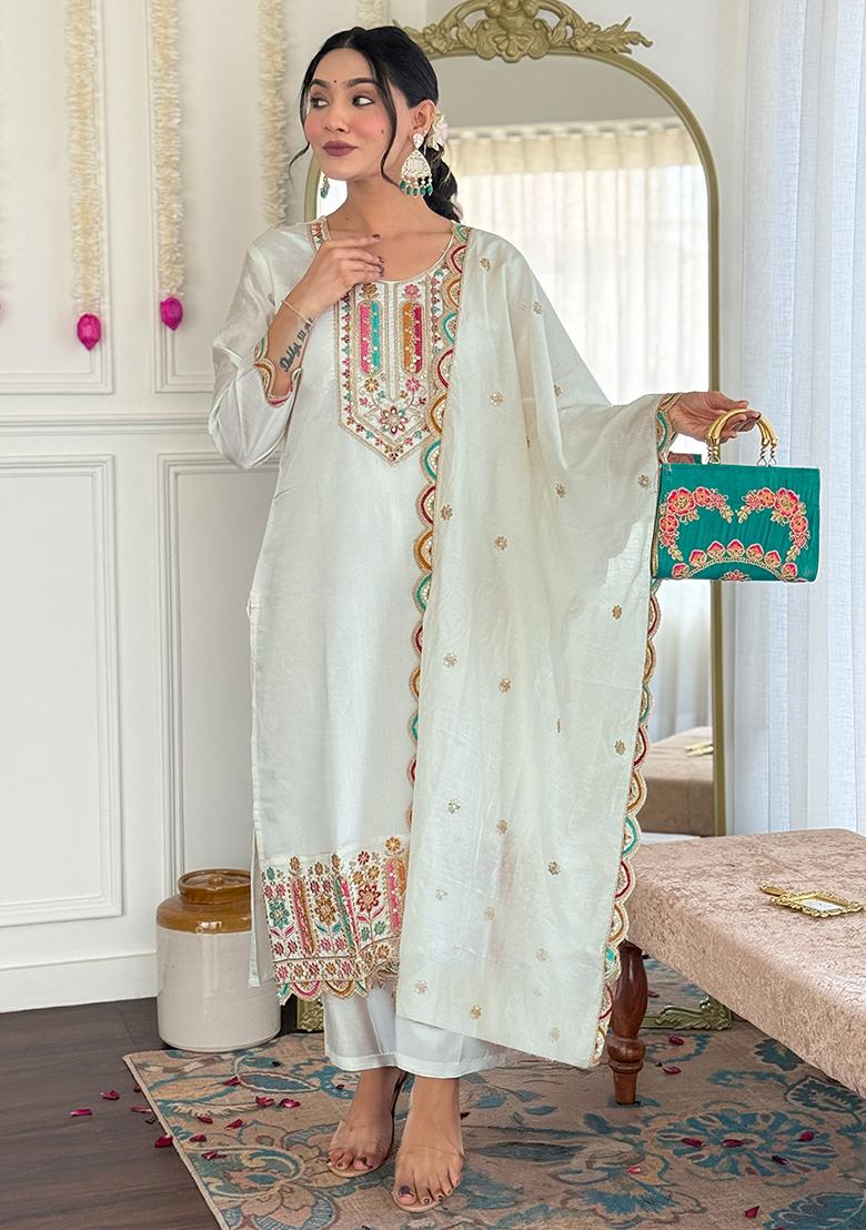 Off White Embroidered Chanderi Salwar Kameez