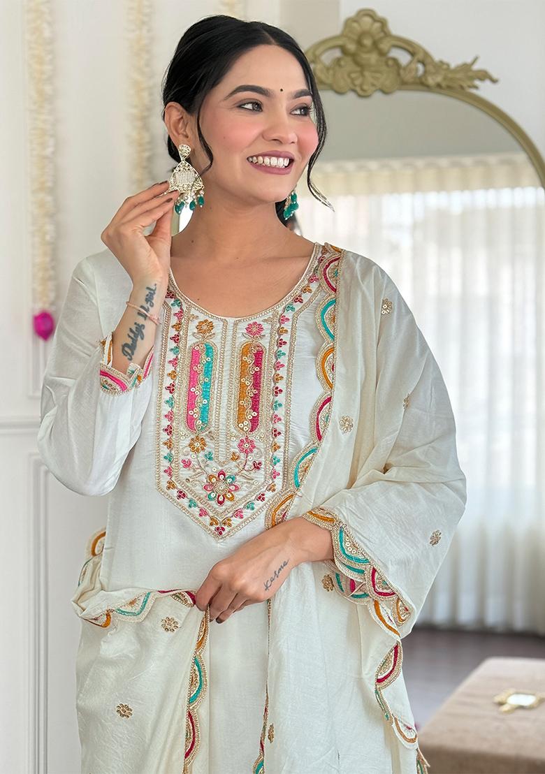 Off White Embroidered Chanderi Salwar Kameez