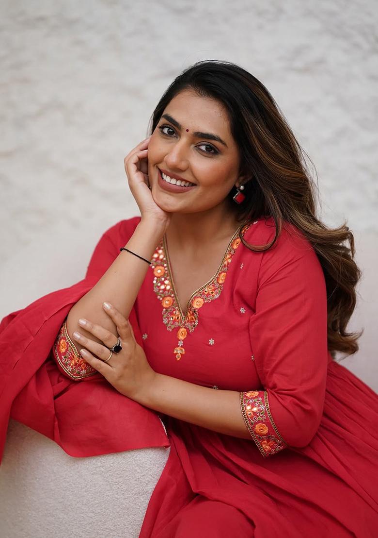 Red Embroidered Chanderi Salwar Kameez