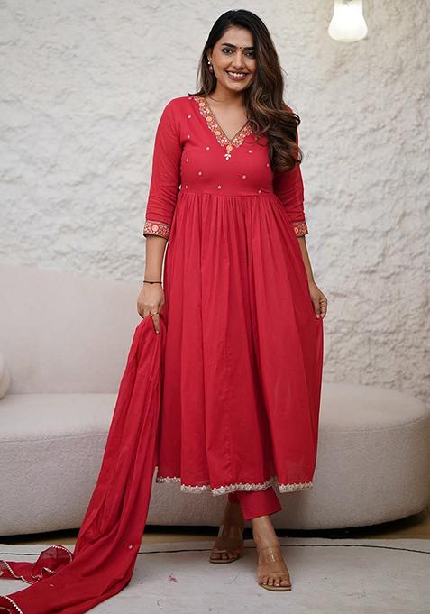 Red Embroidered Chanderi Salwar Kameez With Dupatta