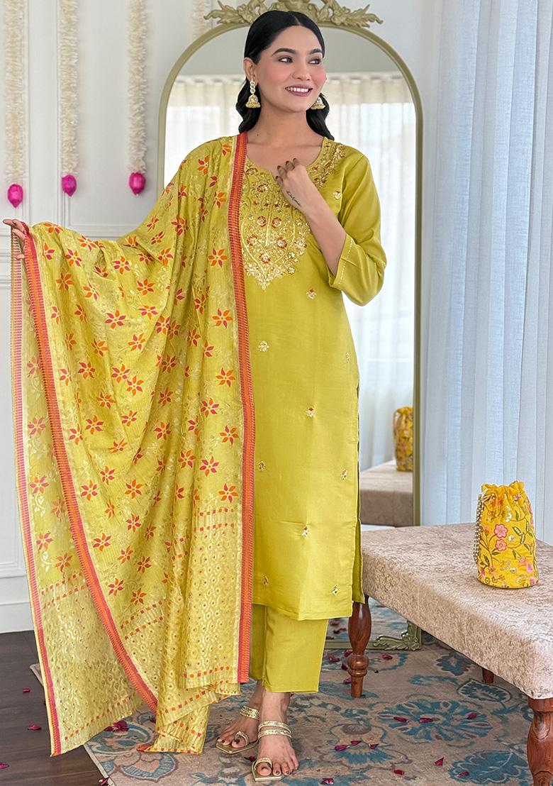 Mustard Yellow Embroidered Chanderi Salwar Kameez