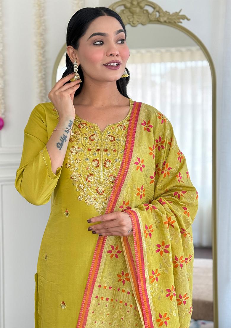 Mustard Yellow Embroidered Chanderi Salwar Kameez