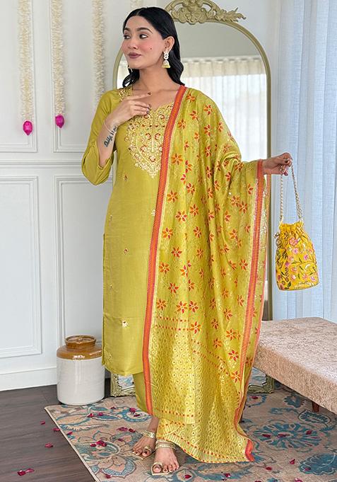 Mustard Yellow Embroidered Chanderi Salwar Kameez With Dupatta