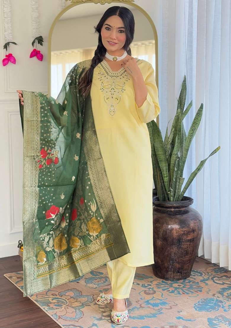 Yellow Embroidered Chanderi Salwar Kameez With Dupatta - Indya
