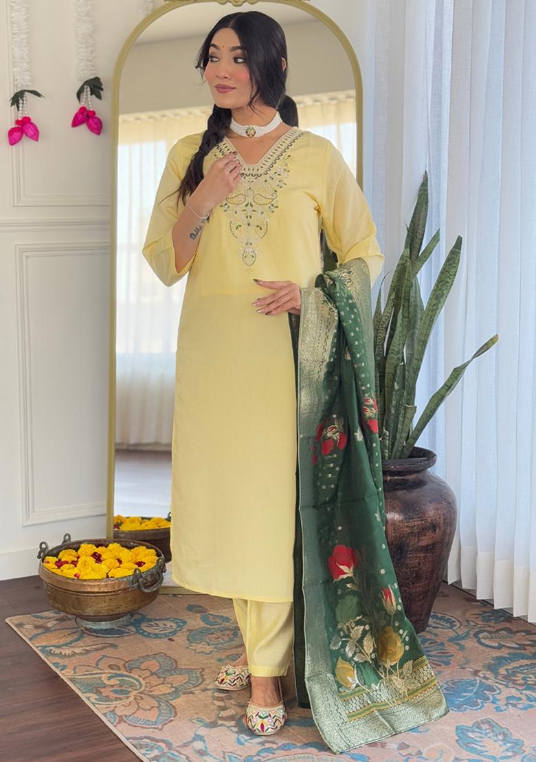 Yellow Embroidered Chanderi Salwar Kameez