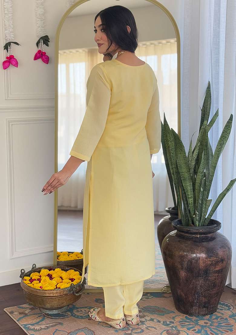 Yellow Embroidered Chanderi Salwar Kameez With Dupatta - Indya