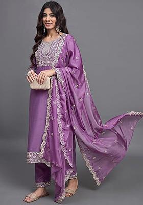 Purple Embroidered Chinon Salwar Kameez With Dupatta