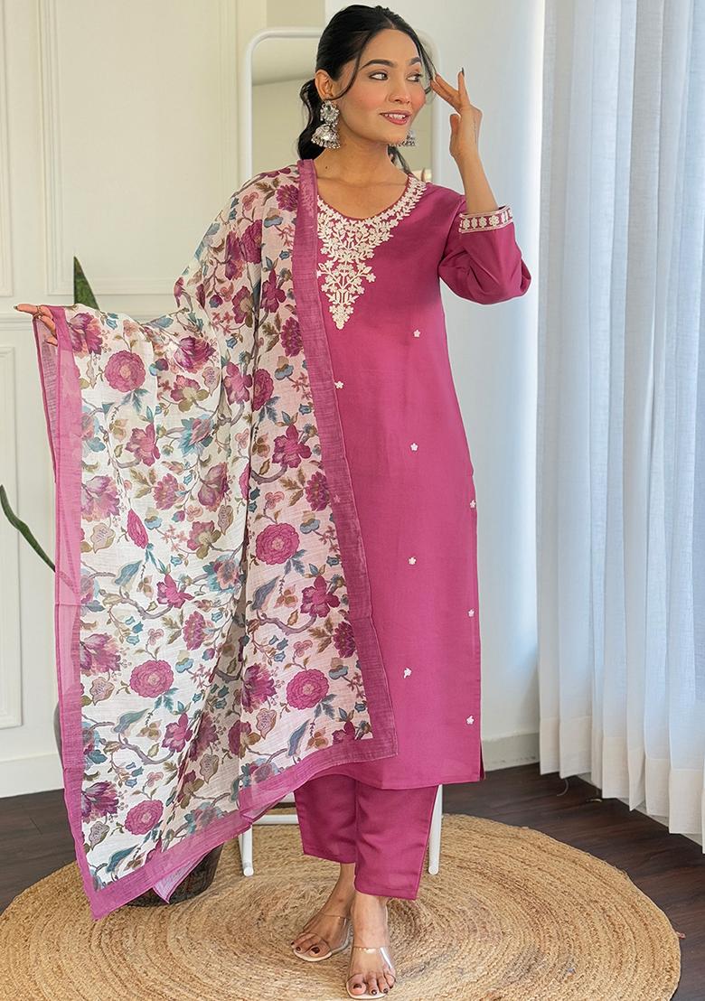 Dark Pink Embroidered Chanderi Salwar Kameez