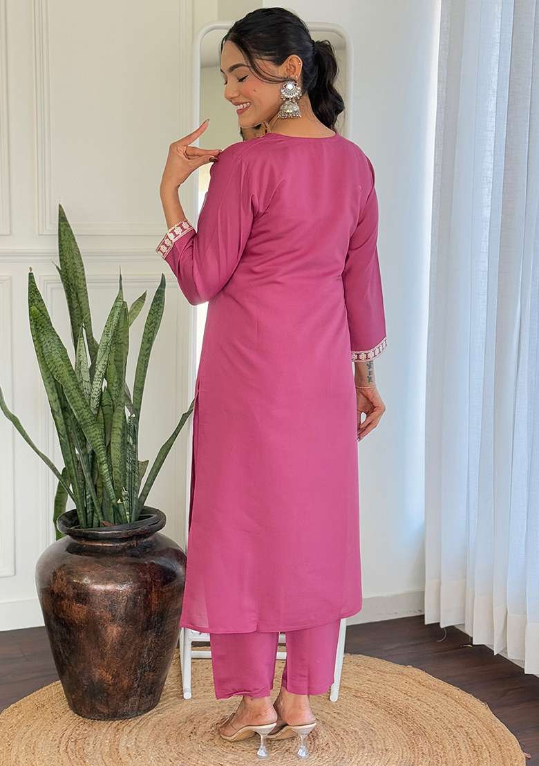 Dark Pink Embroidered Chanderi Salwar Kameez With Dupatta - Indya
