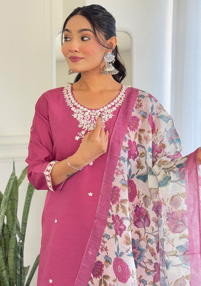 Dark Pink Embroidered Chanderi Salwar Kameez