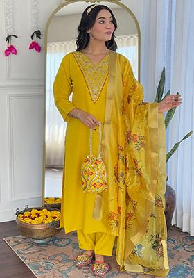 Mustard Yellow Embroidered Rayon Salwar Kameez