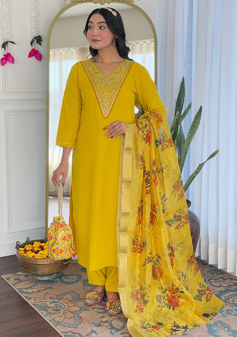 Mustard Yellow Embroidered Rayon Salwar Kameez