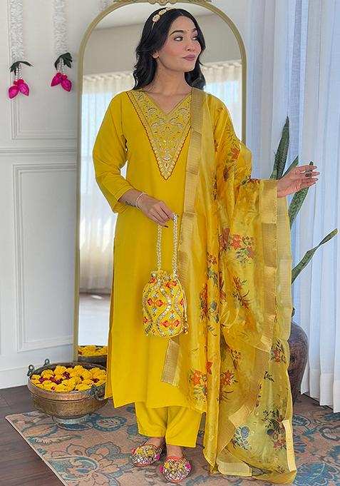 Mustard Yellow Embroidered Rayon Salwar Kameez With Dupatta