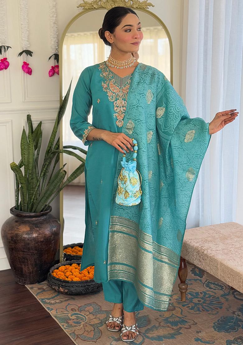 Teal Blue Embroidered Chanderi Salwar Kameez