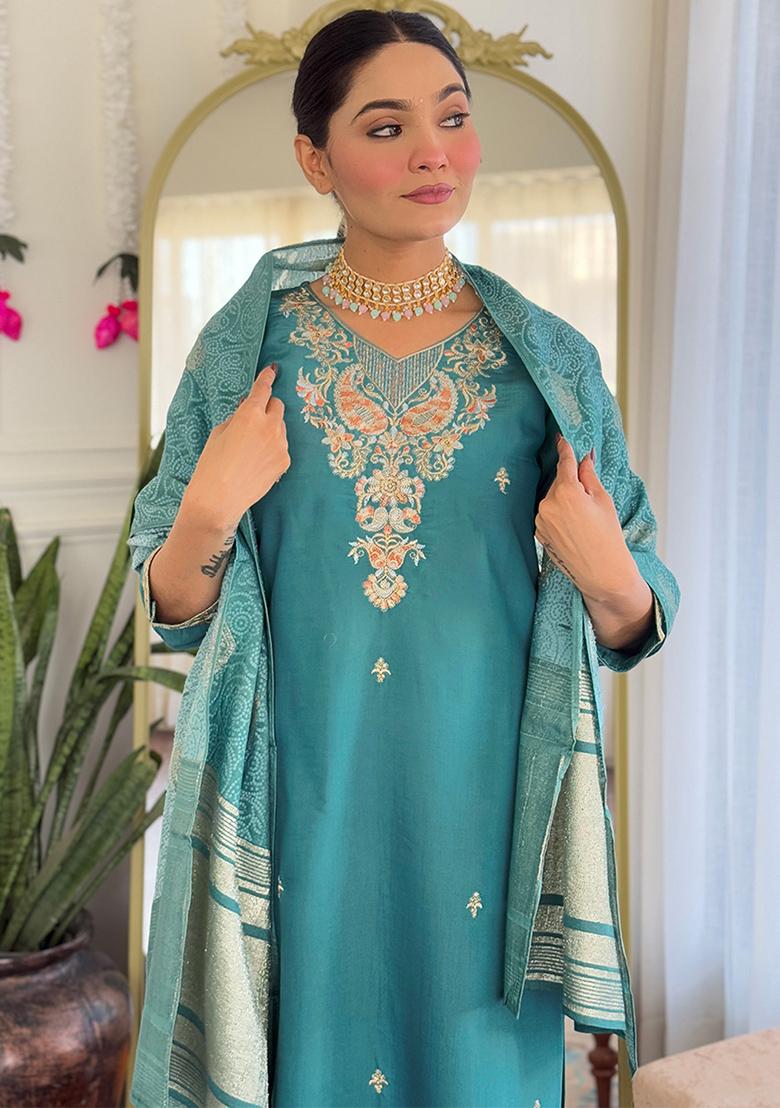 Teal Blue Embroidered Chanderi Salwar Kameez