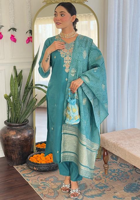 Teal Blue Embroidered Chanderi Salwar Kameez With Dupatta