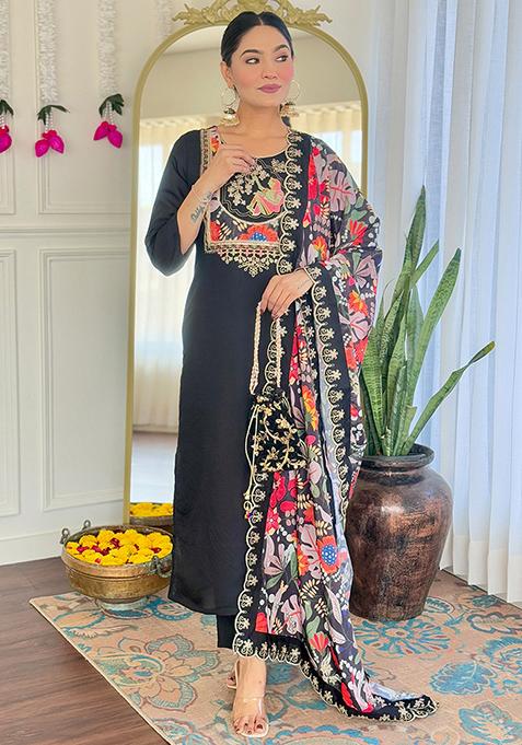 Black Embroidered Silk Salwar Kameez With Dupatta