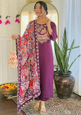 Wine Embroidered Silk Salwar Kameez With Dupatta