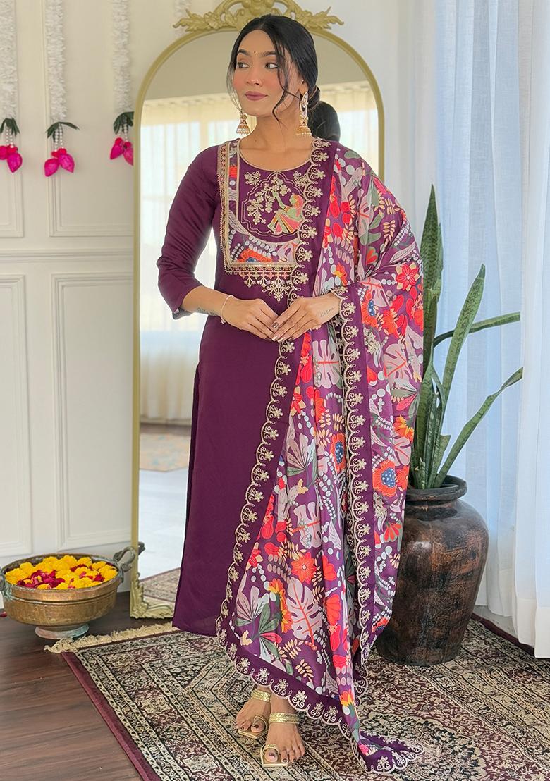 Wine Embroidered Silk Salwar Kameez